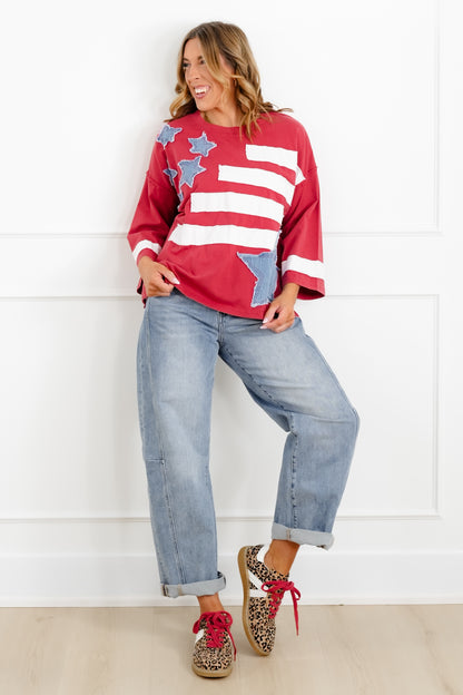 American Flag Patchwork 3/4 Sleeve Top