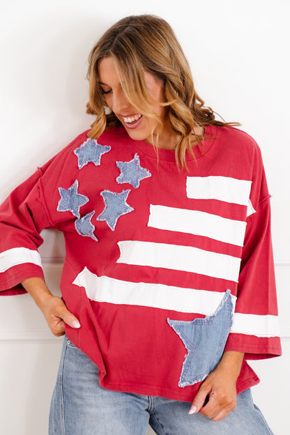 American Flag Patchwork 3/4 Sleeve Top