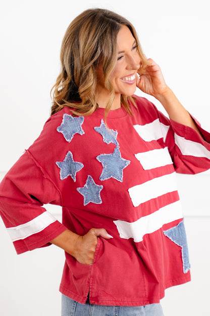 American Flag Patchwork 3/4 Sleeve Top
