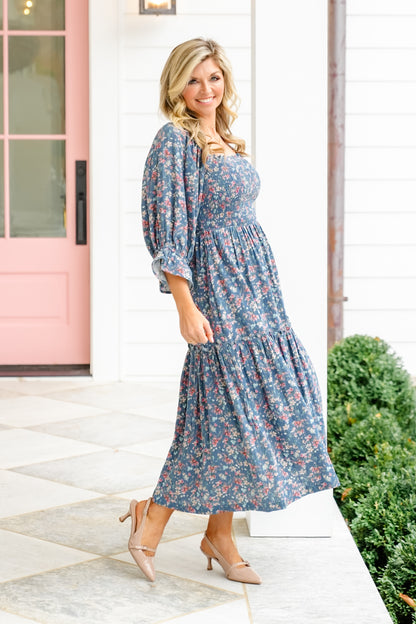 Floral Print Puff Sleeve Square Neck Tiered Midi Dress
