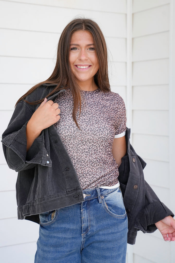 Leopard Mesh Short Sleeve Layered Top