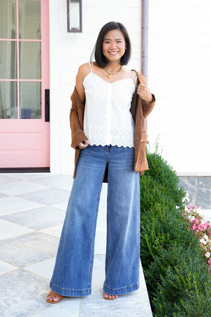 Eyelet Embroidery Sleeveless Button Down Top