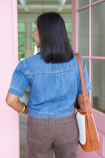Risen Medium Wash Short Sleeve V Neck Top with Chest Pockets