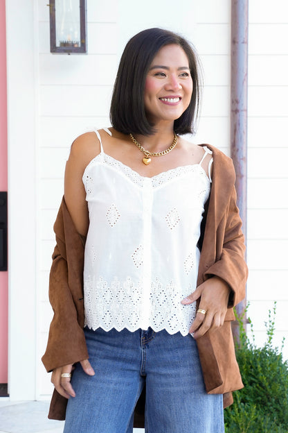 Eyelet Embroidery Sleeveless Button Down Top