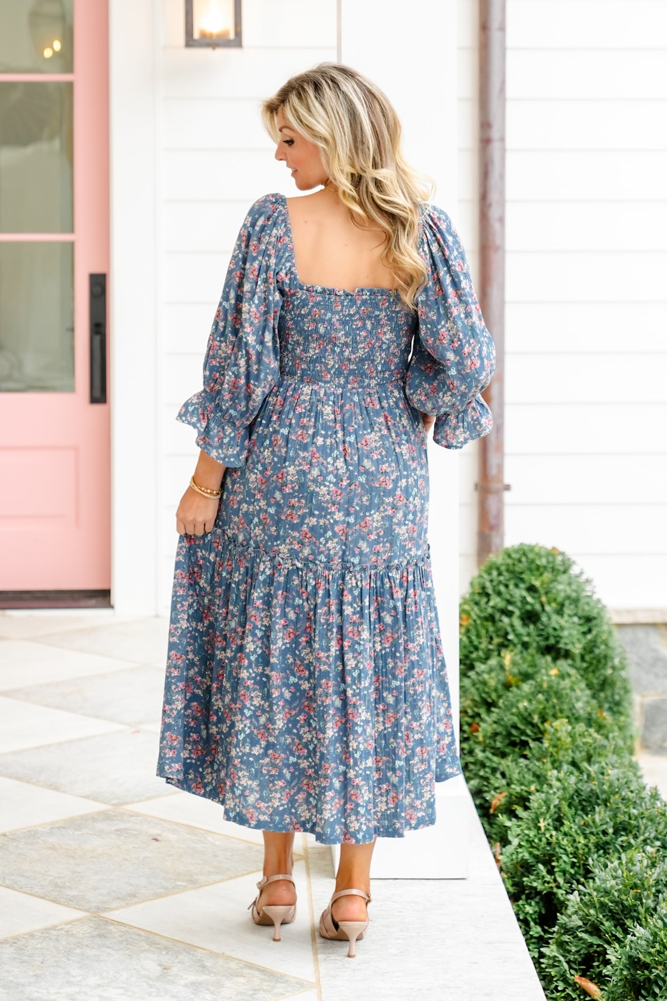 Floral Print Puff Sleeve Square Neck Tiered Midi Dress