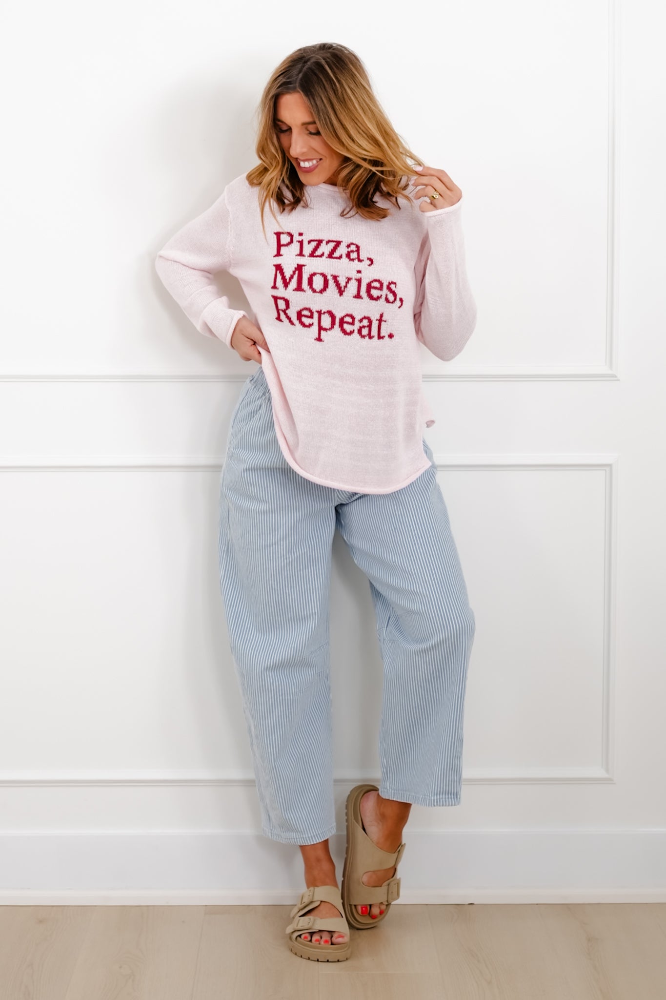 Long Sleeve "Pizza Movies Repeat" Pullover Sweater