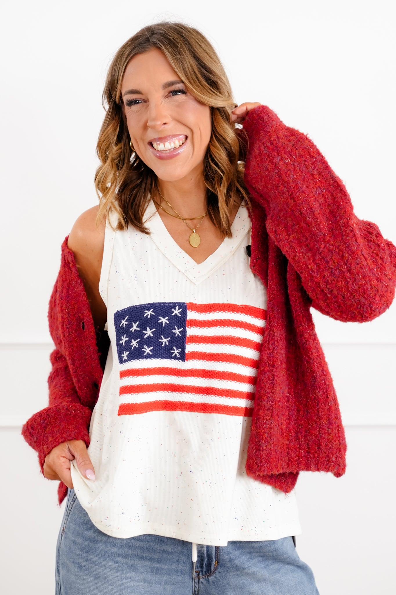 POL American Flag Patchwork Sleeveless V Neck Tank Top