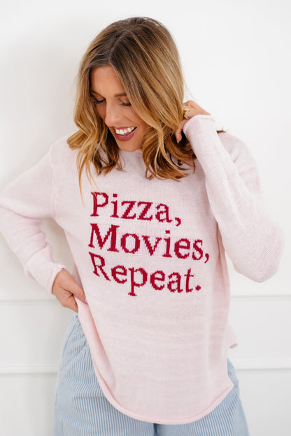 Long Sleeve "Pizza Movies Repeat" Pullover Sweater