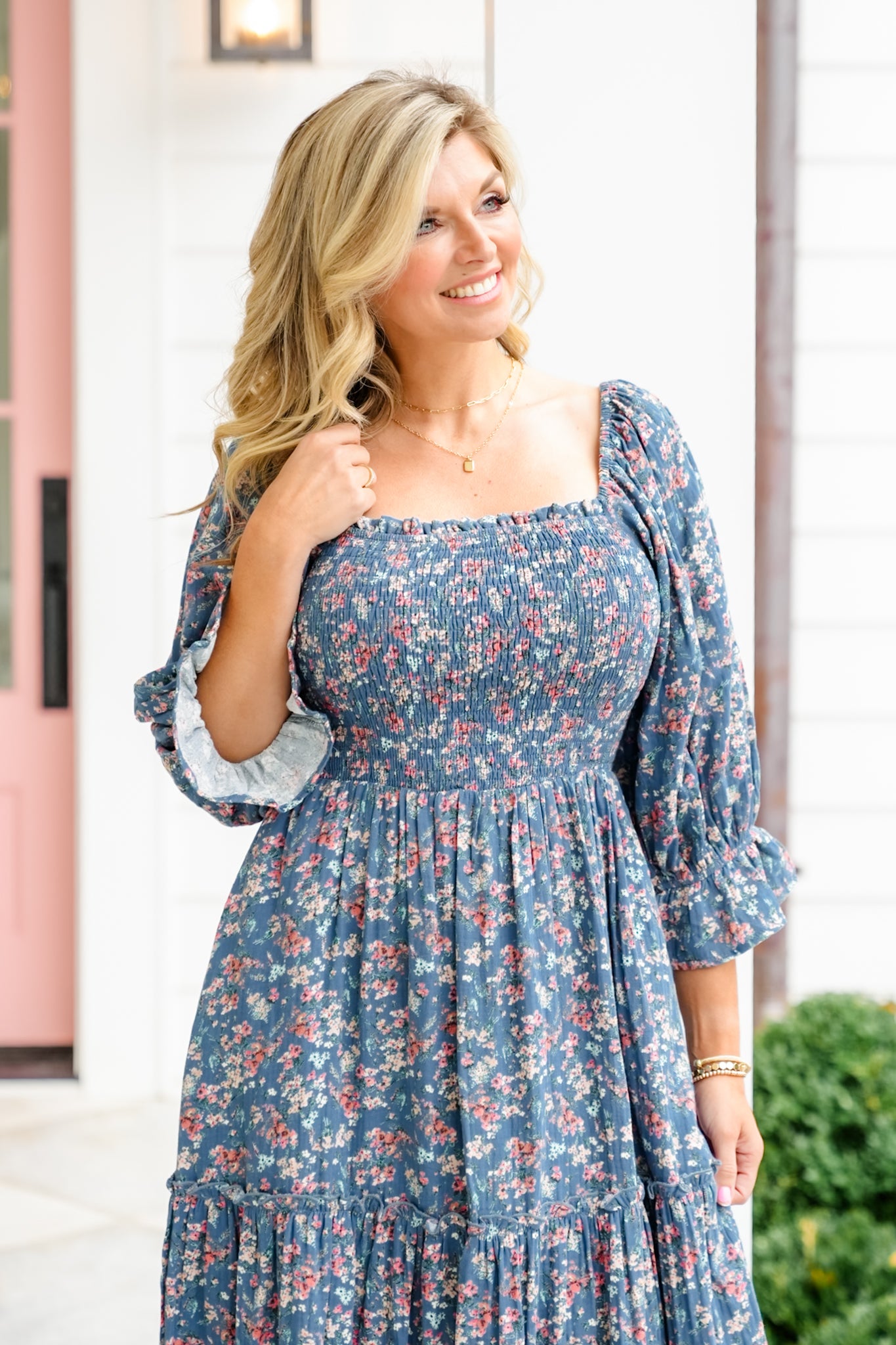 Floral Print Puff Sleeve Square Neck Tiered Midi Dress