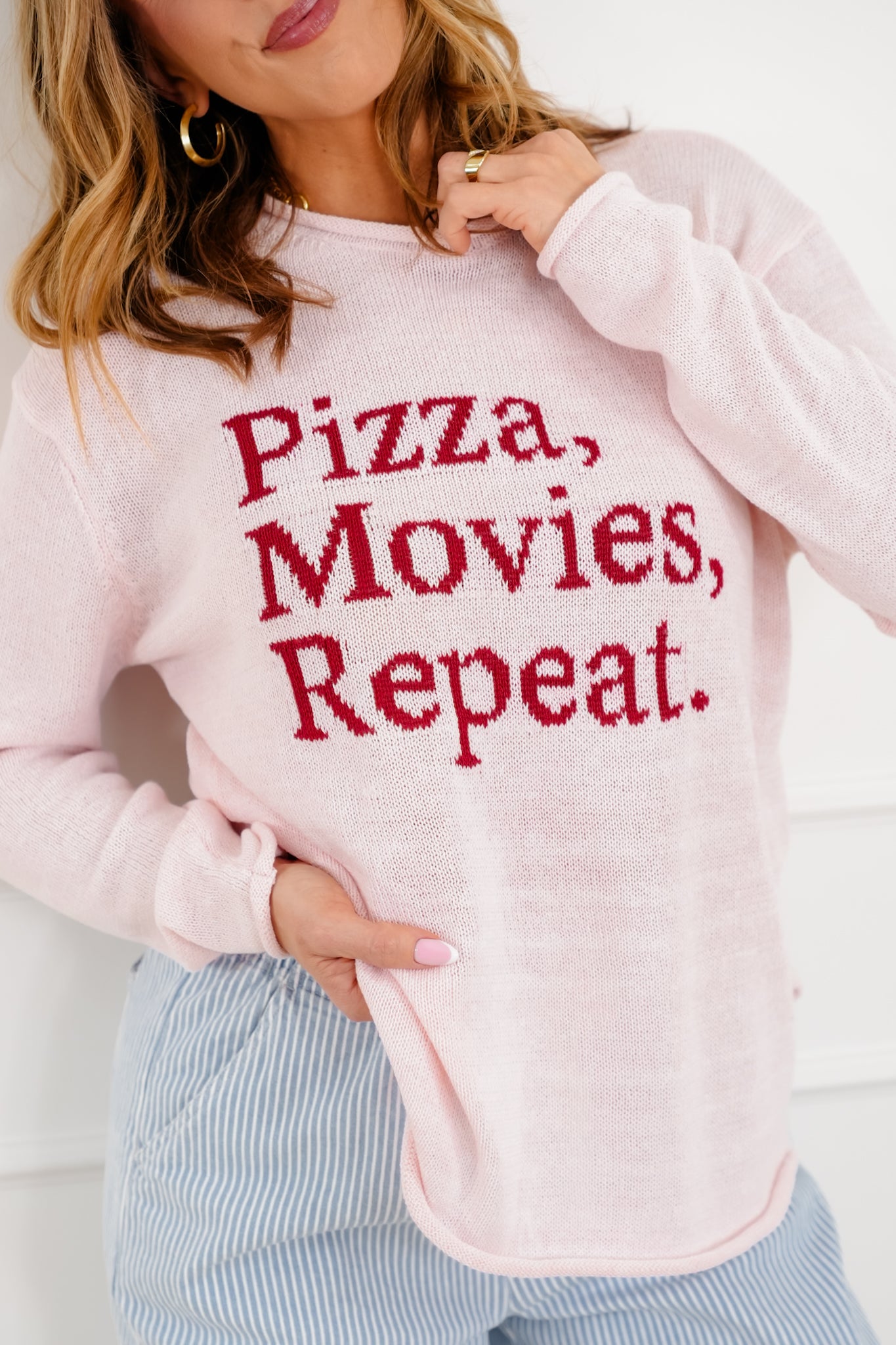 Long Sleeve "Pizza Movies Repeat" Pullover Sweater