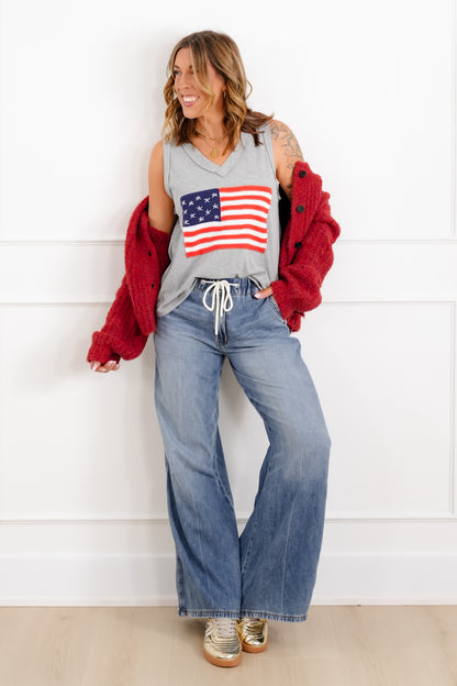 POL American Flag Patchwork Sleeveless V Neck Tank Top