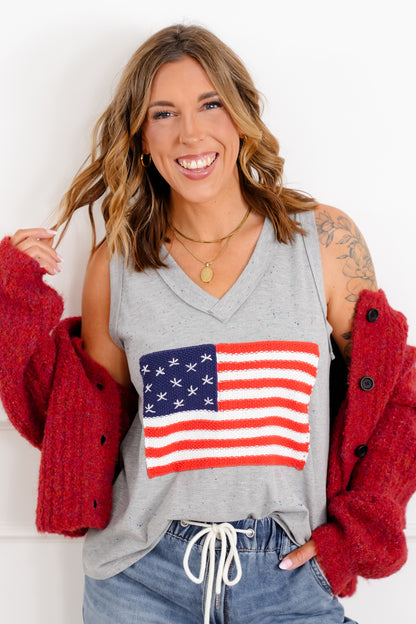 POL American Flag Patchwork Sleeveless V Neck Tank Top