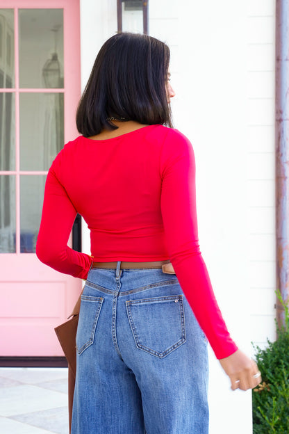 Solid Long Sleeve Scoop Neck Crop Top