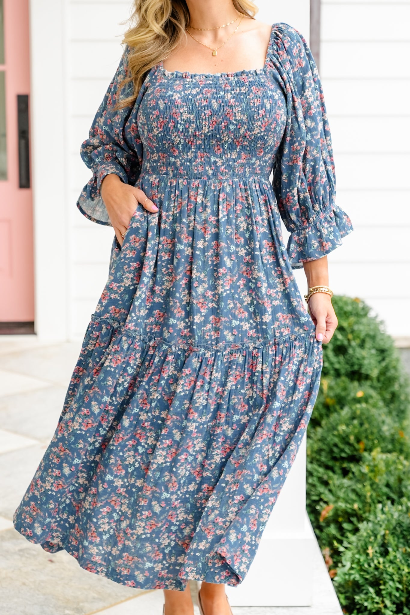 Floral Print Puff Sleeve Square Neck Tiered Midi Dress