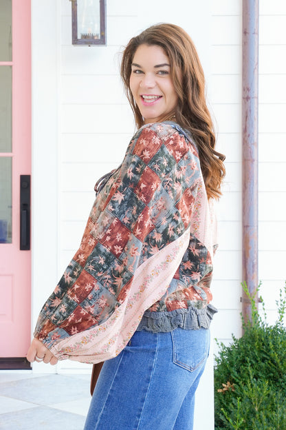 POL Floral Pattern Long Sleeve V Neck Top