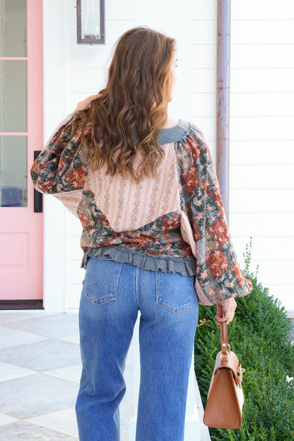 POL Floral Pattern Long Sleeve V Neck Top