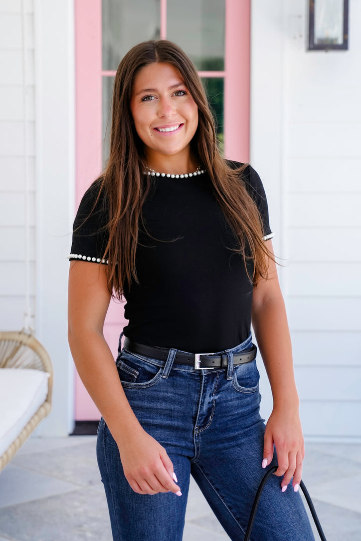 Plus/Reg Short Sleeve Knit Top with Pearl Detail