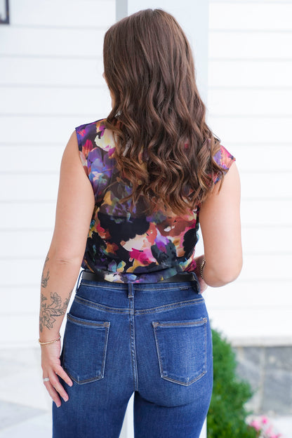Plus/Reg Floral Mesh Sleeveless Ruched Side Top