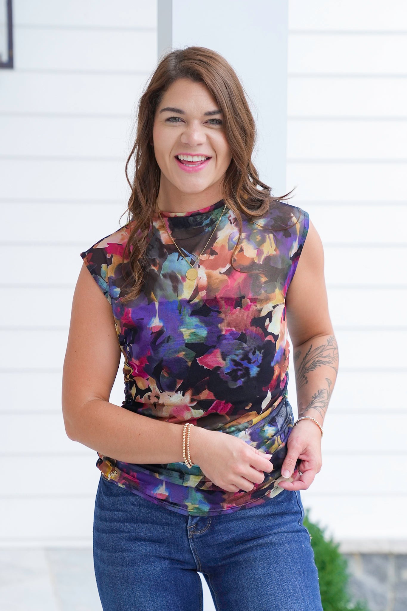 Plus/Reg Floral Mesh Sleeveless Ruched Side Top