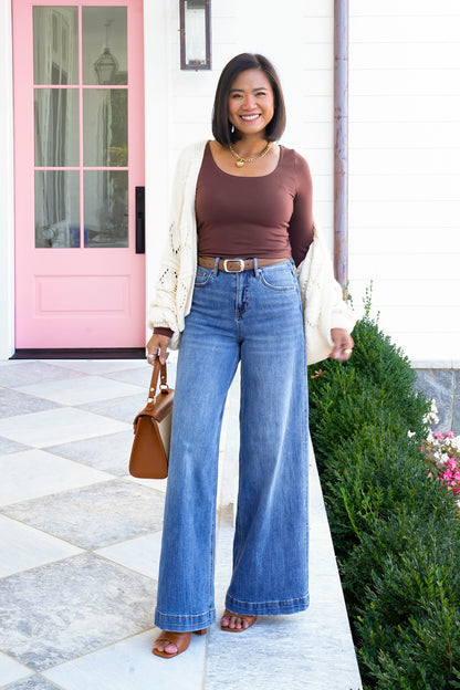 Solid Long Sleeve Scoop Neck Crop Top