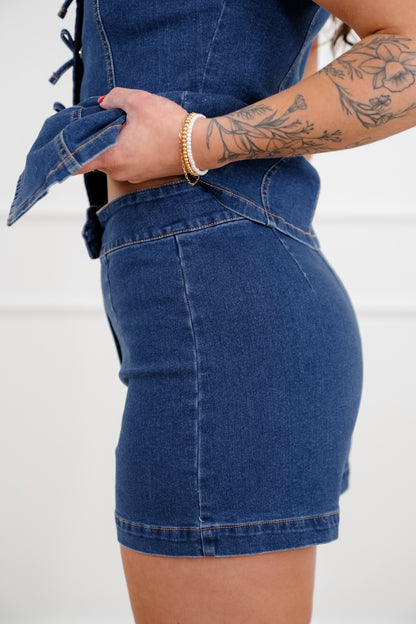 Medium Wash High Waisted Shorts with Front Button