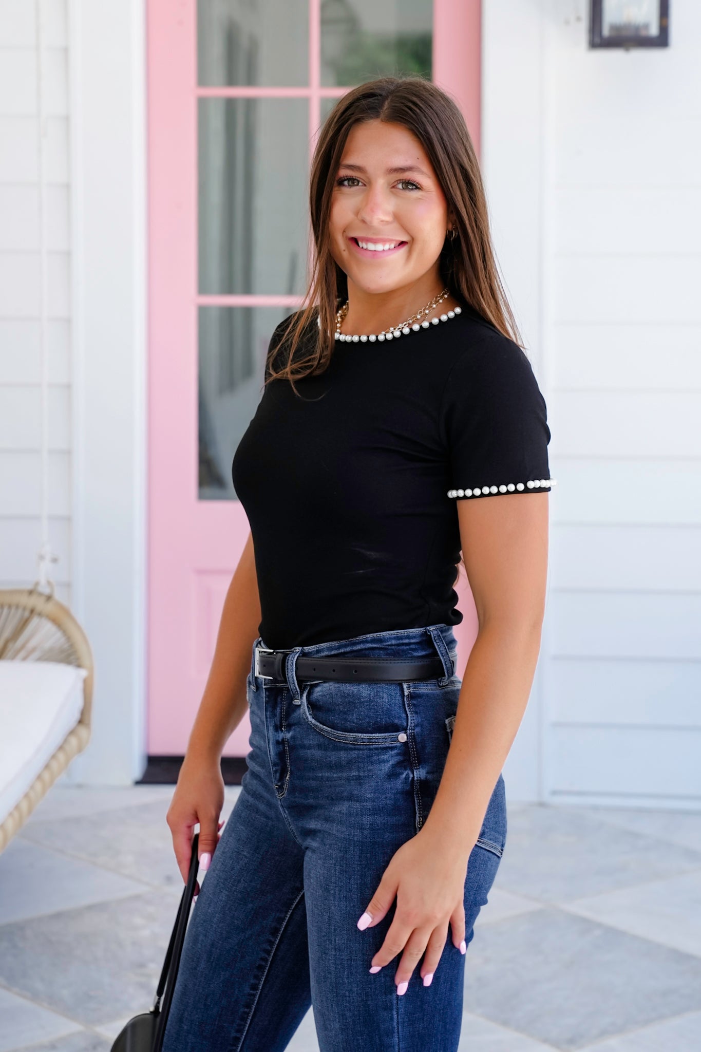 Plus/Reg Short Sleeve Knit Top with Pearl Detail