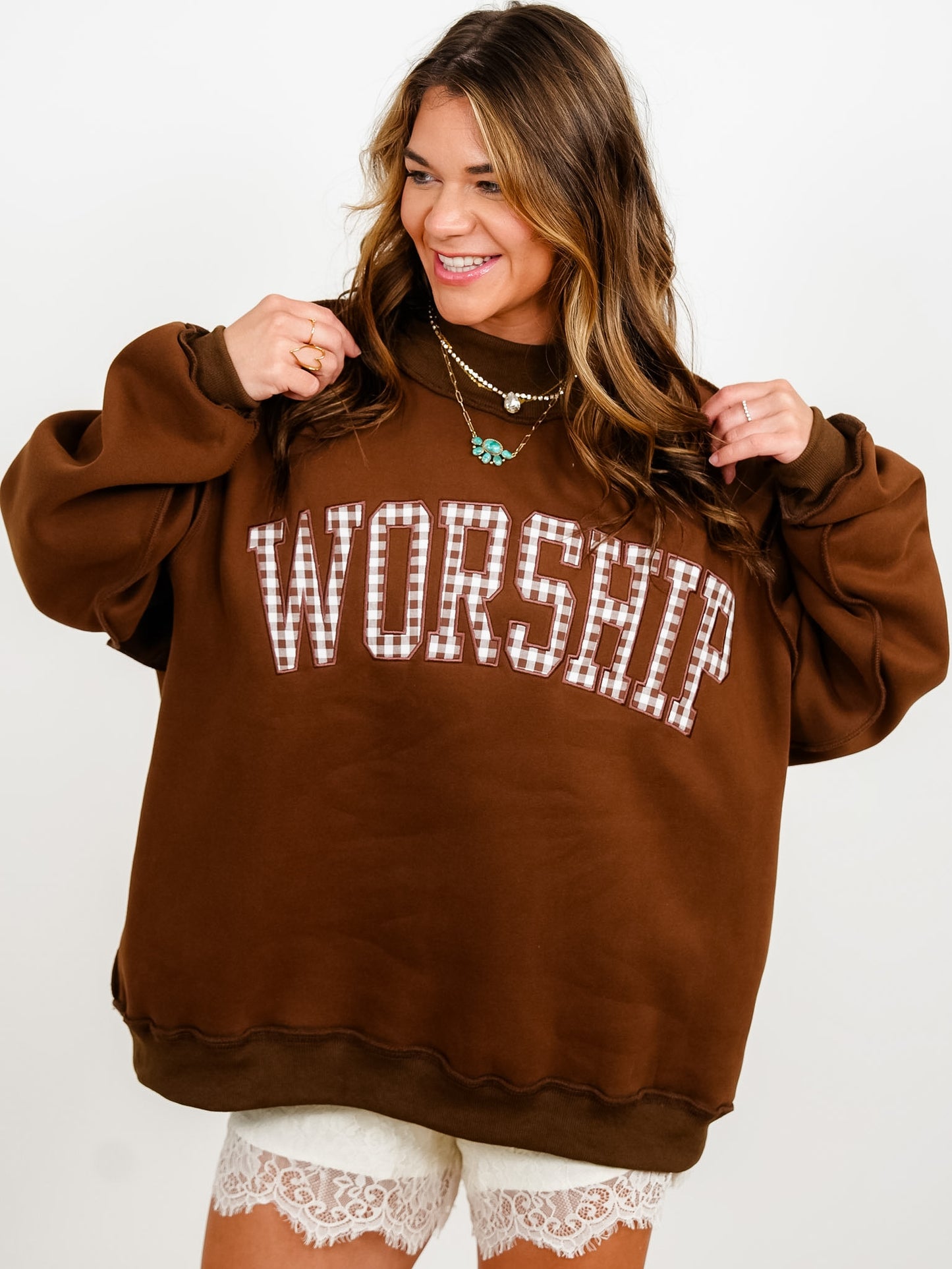 Brown Long Sleeve Gingham Worship Pullover Sweatshirt
