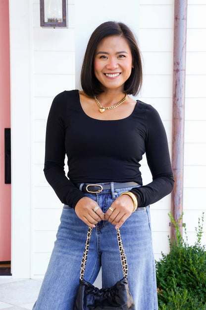 Solid Long Sleeve Scoop Neck Crop Top