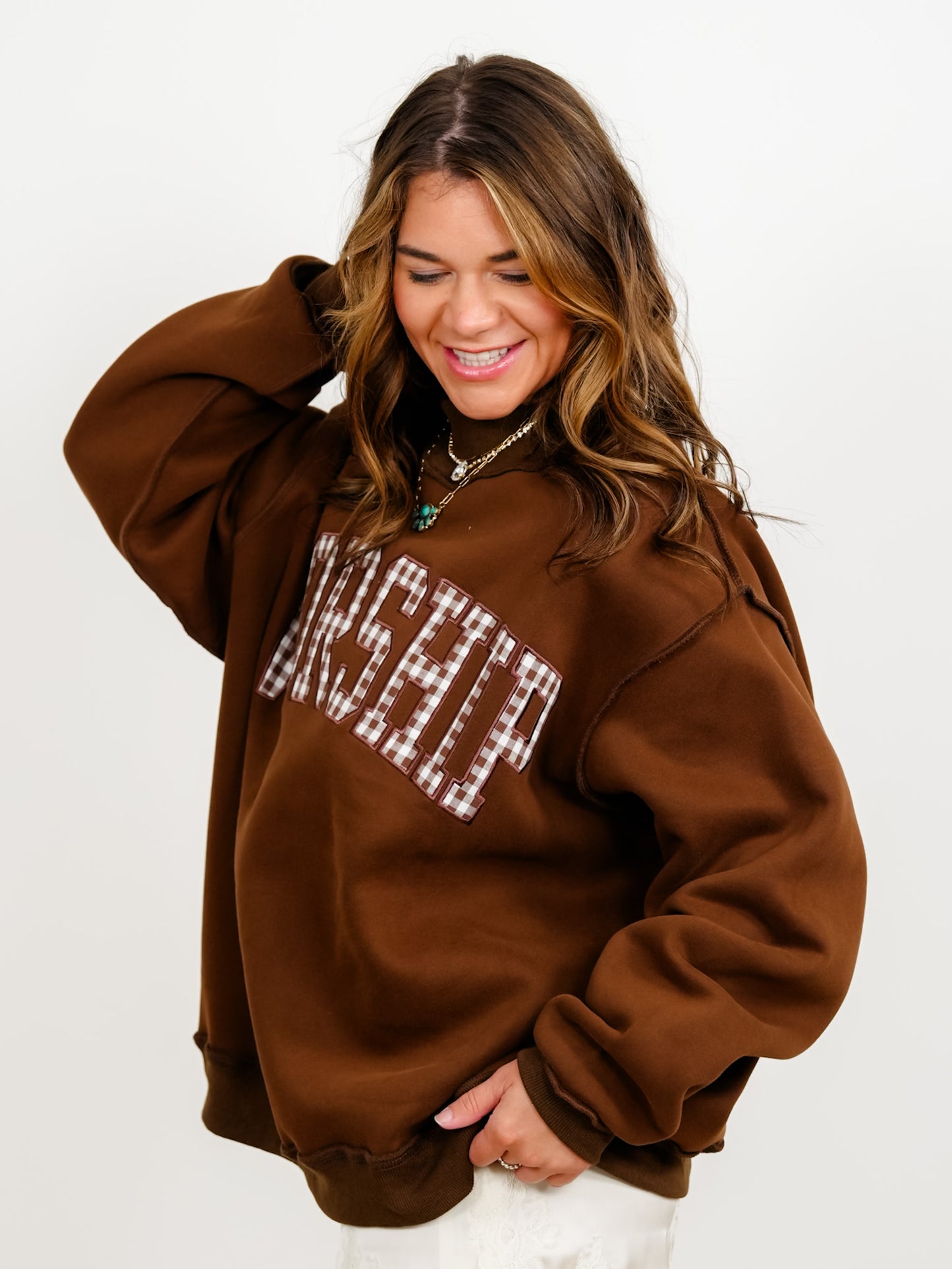 Brown Long Sleeve Gingham Worship Pullover Sweatshirt
