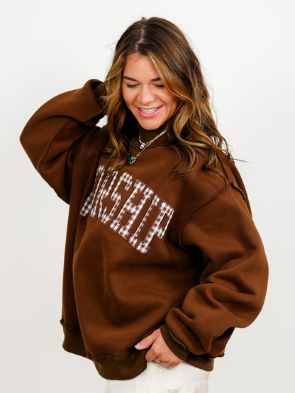 Brown Long Sleeve Gingham Worship Pullover Sweatshirt