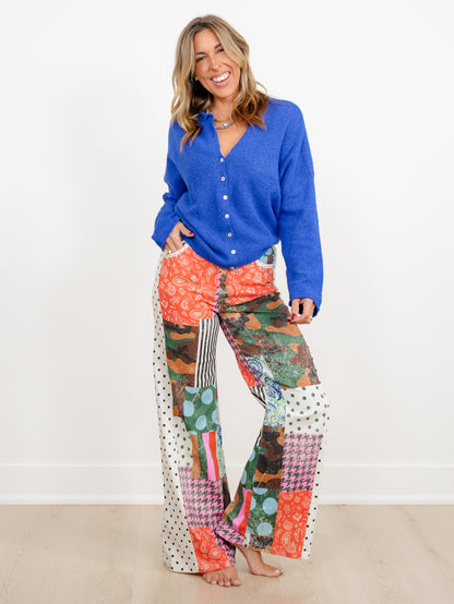 POPPY & PINE Camo Patchwork Print Pants with Lace Trim
