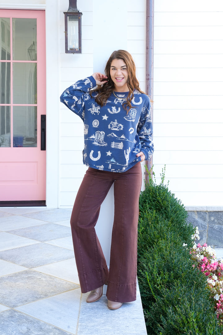 Western Print Long Sleeve Round Neck Top