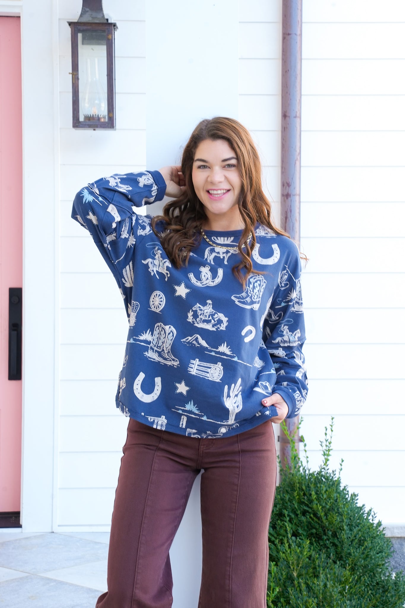 Western Print Long Sleeve Round Neck Top