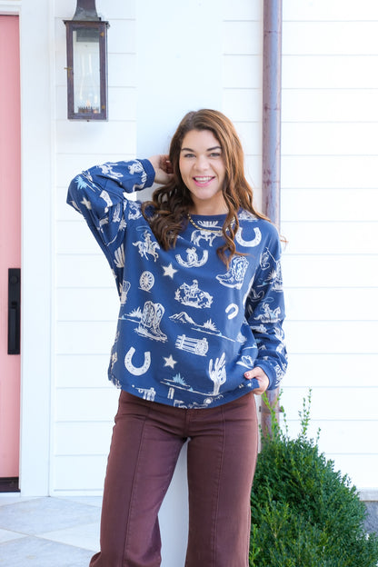 Western Print Long Sleeve Round Neck Top