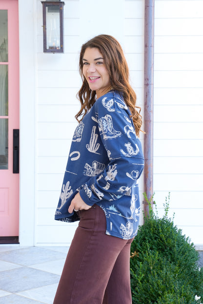 Western Print Long Sleeve Round Neck Top