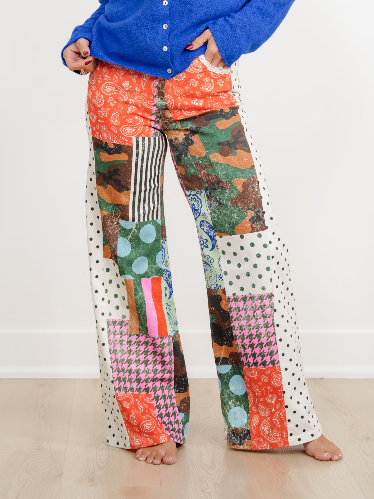POPPY & PINE Camo Patchwork Print Pants with Lace Trim