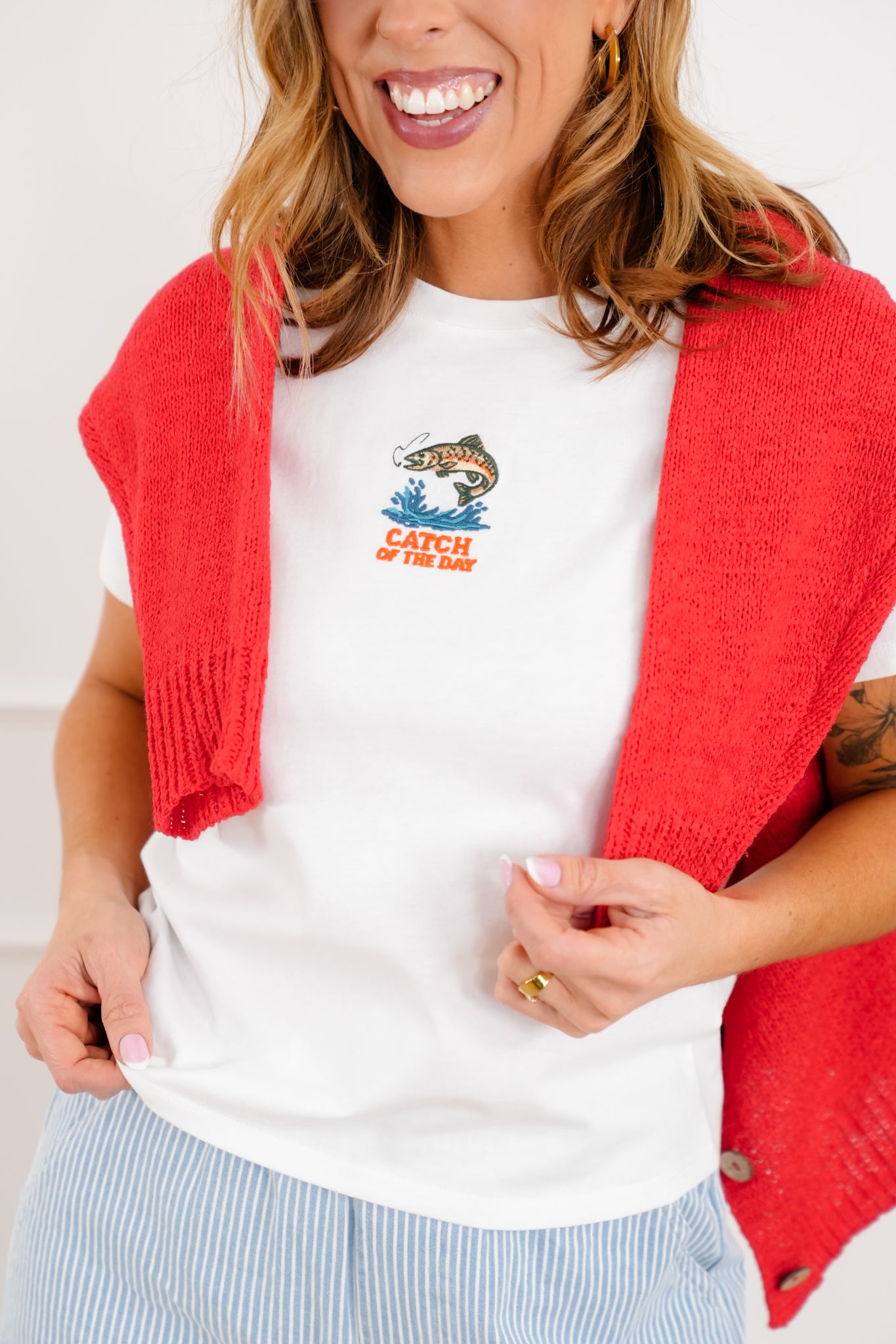 Embroidered "Catch Of The Day" Short Sleeve Top