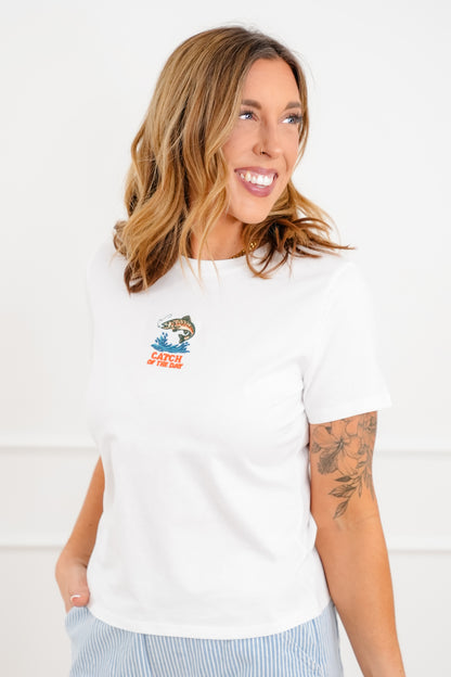 Embroidered "Catch Of The Day" Short Sleeve Top