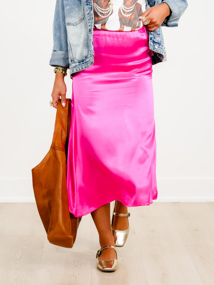 Satin Elastic Waist Midi Skirt with Side Slit