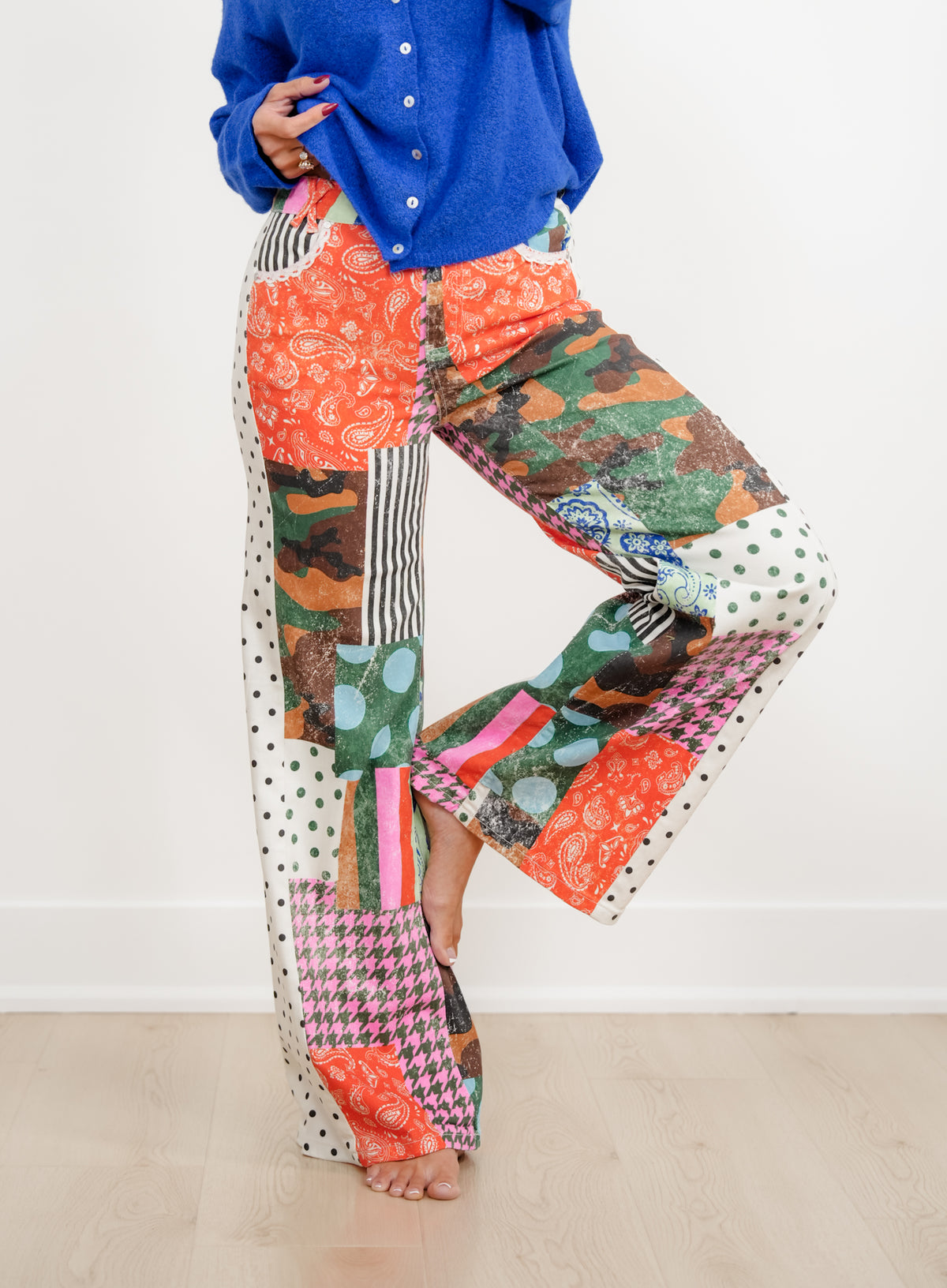 POPPY & PINE Camo Patchwork Print Pants with Lace Trim