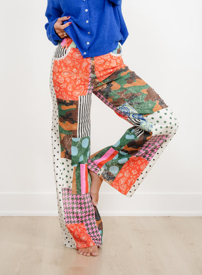 POPPY & PINE Camo Patchwork Print Pants with Lace Trim