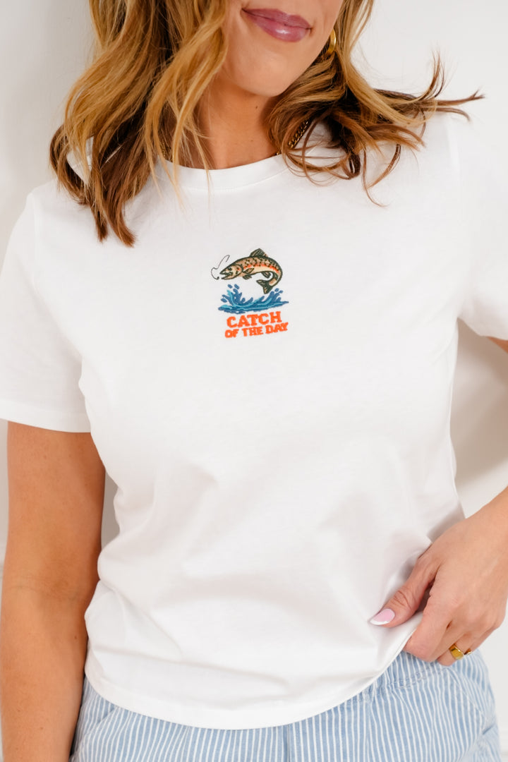 Embroidered "Catch Of The Day" Short Sleeve Top