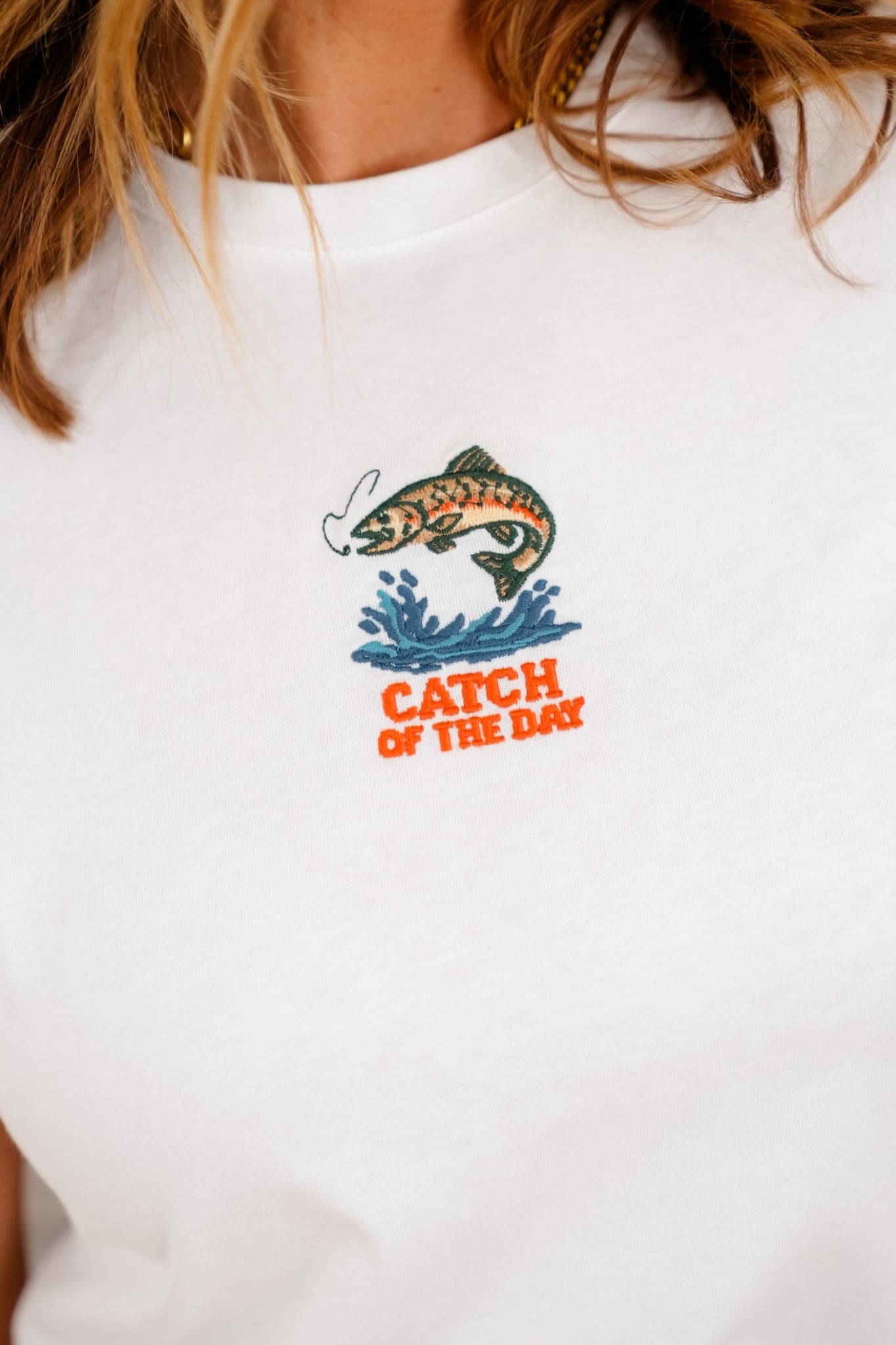 Embroidered "Catch Of The Day" Short Sleeve Top