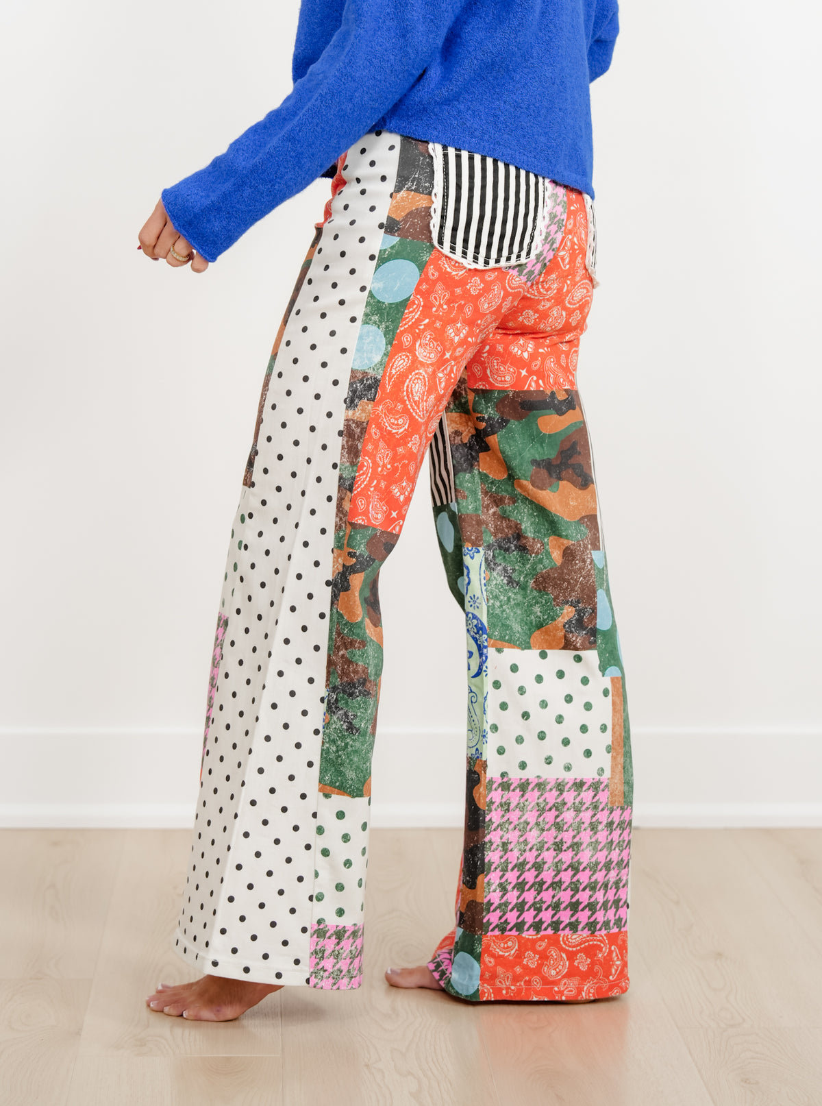 POPPY & PINE Camo Patchwork Print Pants with Lace Trim