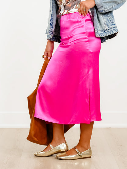 Satin Elastic Waist Midi Skirt with Side Slit