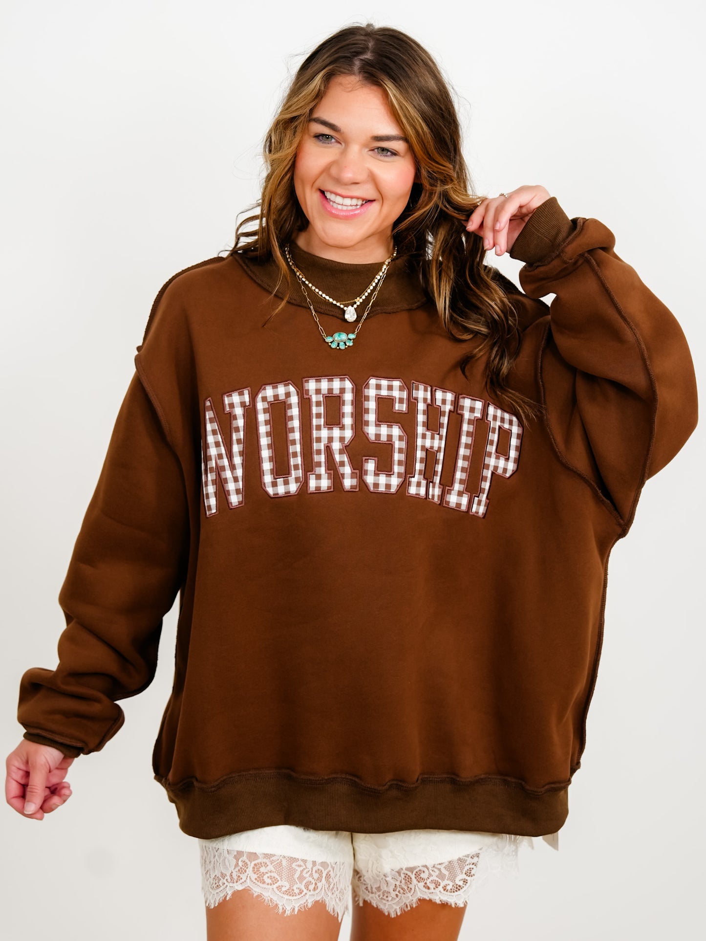 Brown Long Sleeve Gingham Worship Pullover Sweatshirt