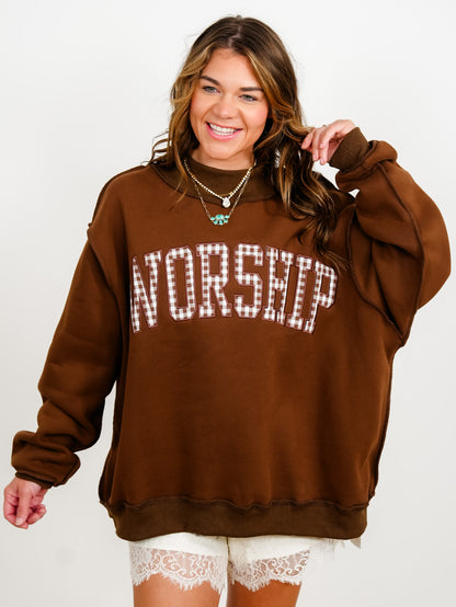 Brown Long Sleeve Gingham Worship Pullover Sweatshirt