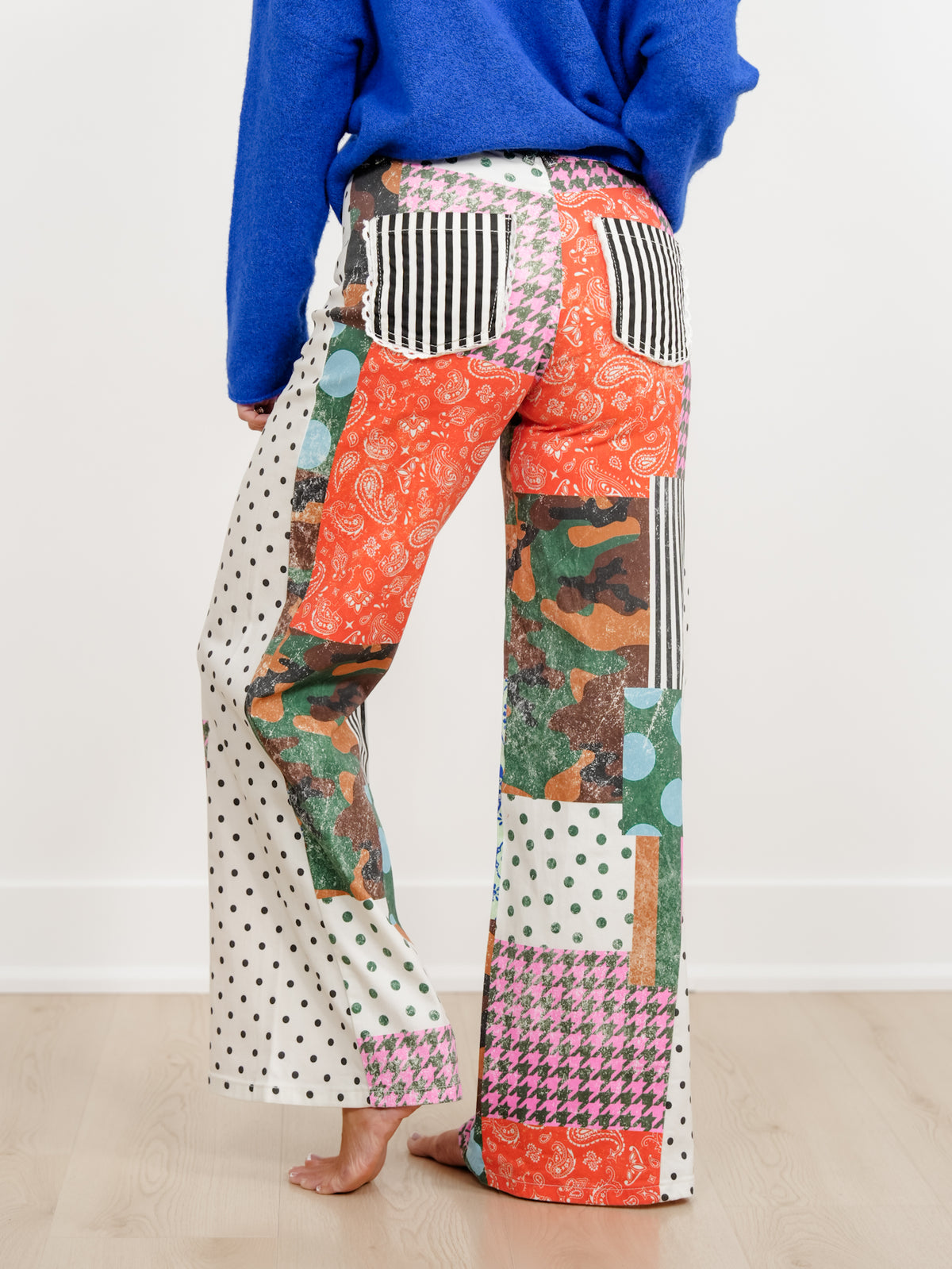 POPPY & PINE Camo Patchwork Print Pants with Lace Trim