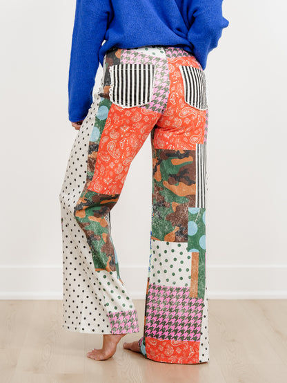 POPPY & PINE Camo Patchwork Print Pants with Lace Trim