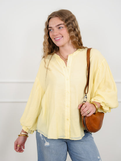 Yellow Puff Sleeve Button Down Top